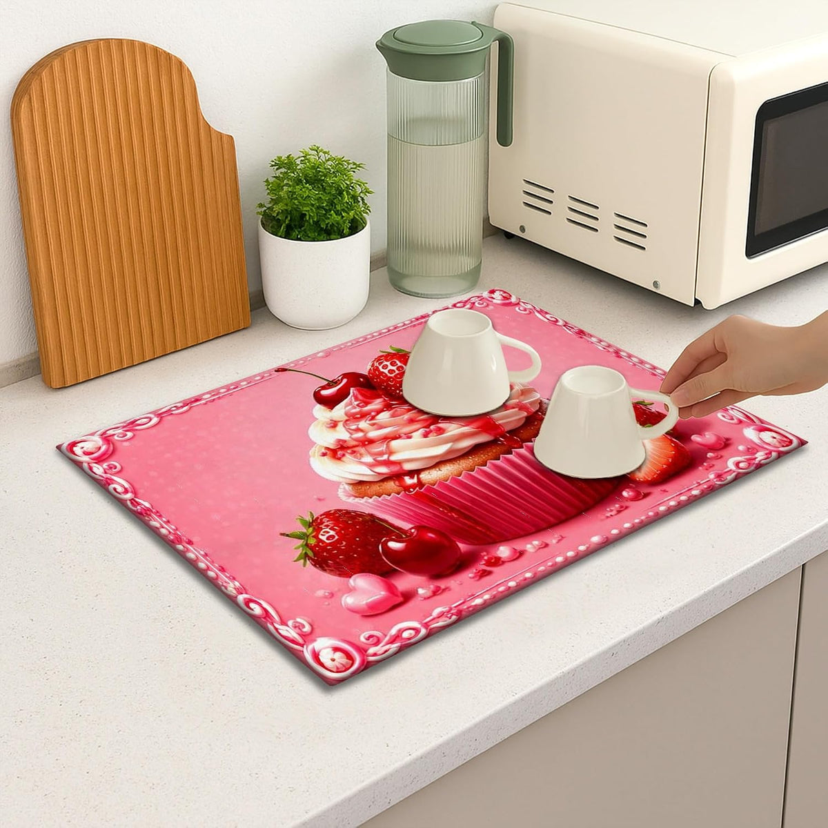 Peach Cupcake Dish Drying Mats for Kitchen Counter, Sweet Dessert Absorbent Drainer Rack Mat, Fun Microfiber Drying Pad for Coffee Bar Protector 18x24 Inch