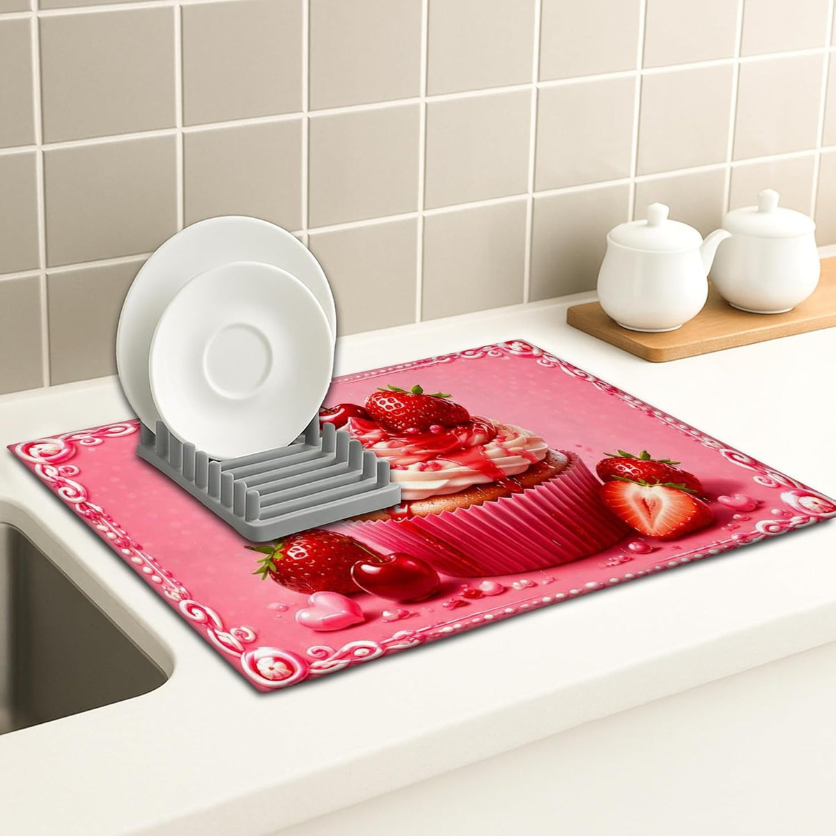 Peach Cupcake Dish Drying Mats for Kitchen Counter, Sweet Dessert Absorbent Drainer Rack Mat, Fun Microfiber Drying Pad for Coffee Bar Protector 18x24 Inch