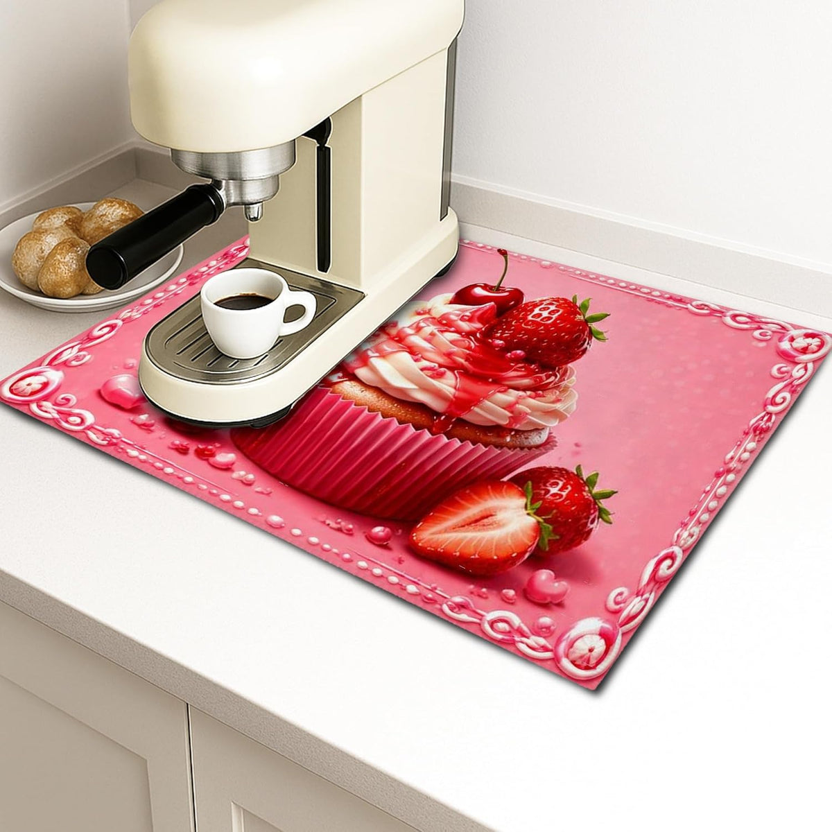 Peach Cupcake Dish Drying Mats for Kitchen Counter, Sweet Dessert Absorbent Drainer Rack Mat, Fun Microfiber Drying Pad for Coffee Bar Protector 18x24 Inch