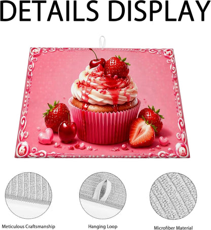 Peach Cupcake Dish Drying Mats for Kitchen Counter, Sweet Dessert Absorbent Drainer Rack Mat, Fun Microfiber Drying Pad for Coffee Bar Protector 18x24 Inch
