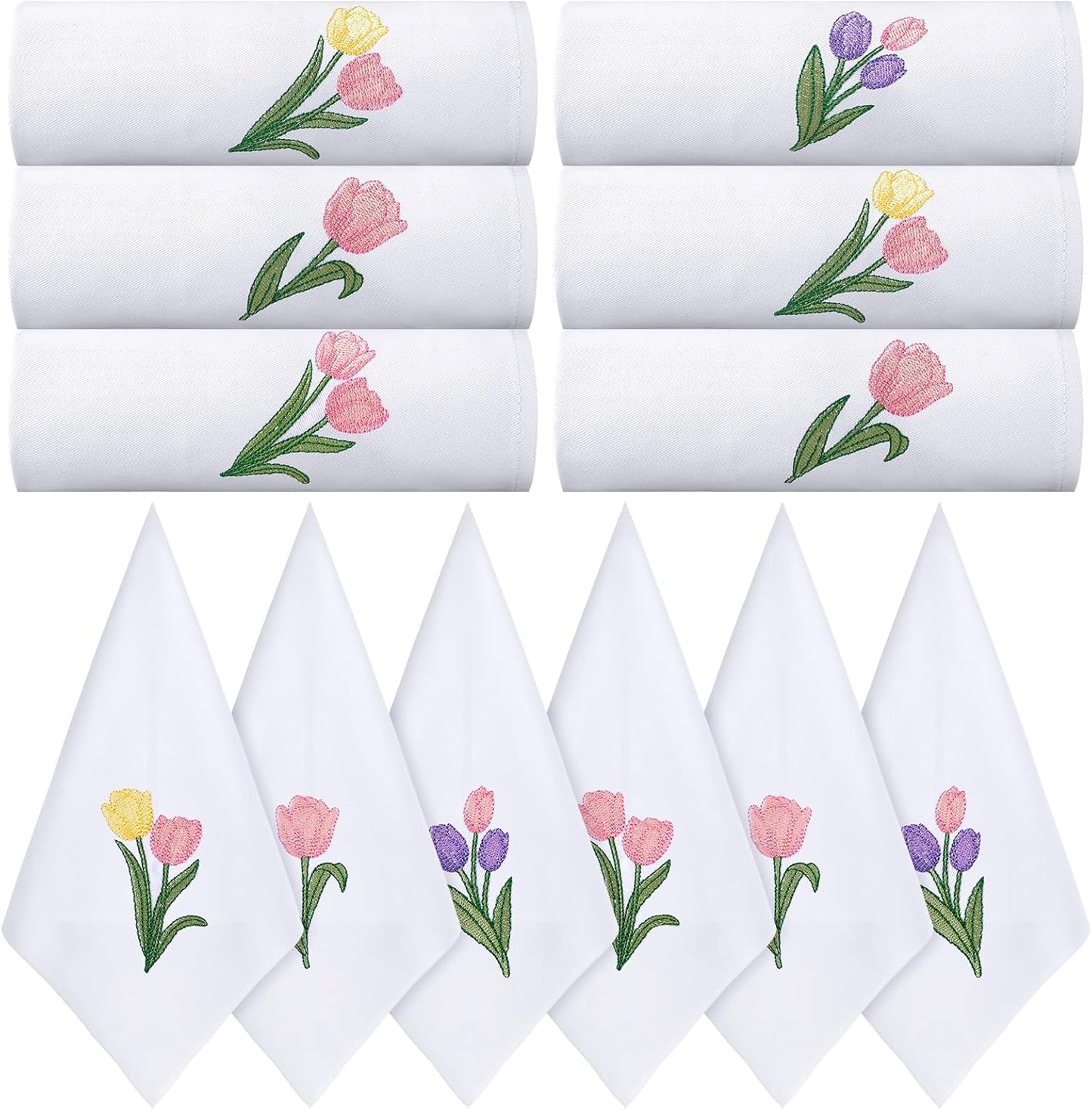 HunnmingRe 12 Pcs Spring Floral Cloth Napkins 100% Cotton Pink Tulip Dinner Tea Party Napkins Embroidered Handtowel Country French Reusable Washable for Dinner Kitchen Weddings Cocktail 17x17inch