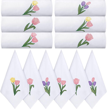 HunnmingRe 12 Pcs Spring Floral Cloth Napkins 100% Cotton Pink Tulip Dinner Tea Party Napkins Embroidered Handtowel Country French Reusable Washable for Dinner Kitchen Weddings Cocktail 17x17inch