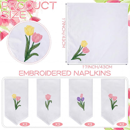 HunnmingRe 12 Pcs Spring Floral Cloth Napkins 100% Cotton Pink Tulip Dinner Tea Party Napkins Embroidered Handtowel Country French Reusable Washable for Dinner Kitchen Weddings Cocktail 17x17inch
