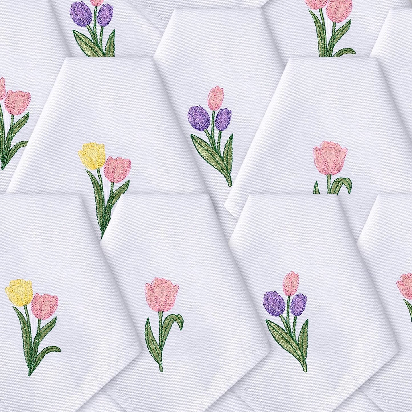 HunnmingRe 12 Pcs Spring Floral Cloth Napkins 100% Cotton Pink Tulip Dinner Tea Party Napkins Embroidered Handtowel Country French Reusable Washable for Dinner Kitchen Weddings Cocktail 17x17inch