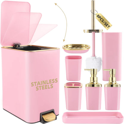 XLHOMO Pink Bathroom Accessories Set 8 Piece Pink and Gold Bathroom Set, Bathroom Sets with Stainless Steel Trash Can,Toilet Brush,Toothbrush Set,Soap Dispenser
