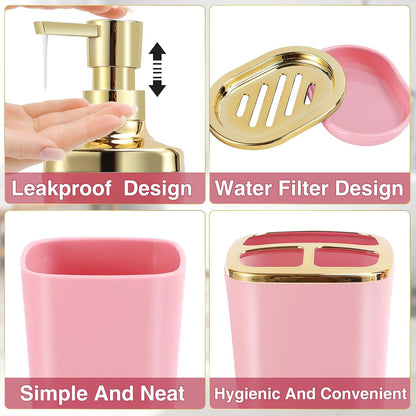 XLHOMO Pink Bathroom Accessories Set 8 Piece Pink and Gold Bathroom Set, Bathroom Sets with Stainless Steel Trash Can,Toilet Brush,Toothbrush Set,Soap Dispenser