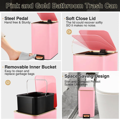 XLHOMO Pink Bathroom Accessories Set 8 Piece Pink and Gold Bathroom Set, Bathroom Sets with Stainless Steel Trash Can,Toilet Brush,Toothbrush Set,Soap Dispenser
