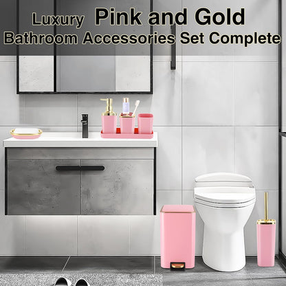 XLHOMO Pink Bathroom Accessories Set 8 Piece Pink and Gold Bathroom Set, Bathroom Sets with Stainless Steel Trash Can,Toilet Brush,Toothbrush Set,Soap Dispenser