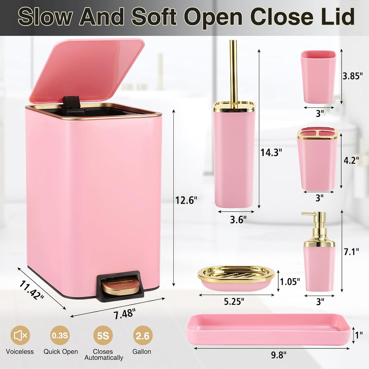 XLHOMO Pink Bathroom Accessories Set 8 Piece Pink and Gold Bathroom Set, Bathroom Sets with Stainless Steel Trash Can,Toilet Brush,Toothbrush Set,Soap Dispenser