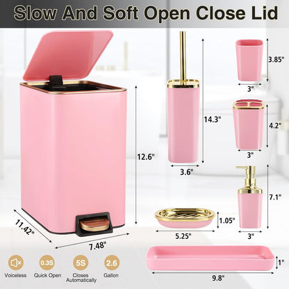 XLHOMO Pink Bathroom Accessories Set 8 Piece Pink and Gold Bathroom Set, Bathroom Sets with Stainless Steel Trash Can,Toilet Brush,Toothbrush Set,Soap Dispenser