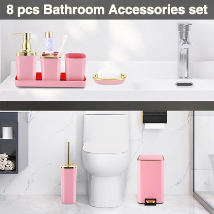 XLHOMO Pink Bathroom Accessories Set 8 Piece Pink and Gold Bathroom Set, Bathroom Sets with Stainless Steel Trash Can,Toilet Brush,Toothbrush Set,Soap Dispenser