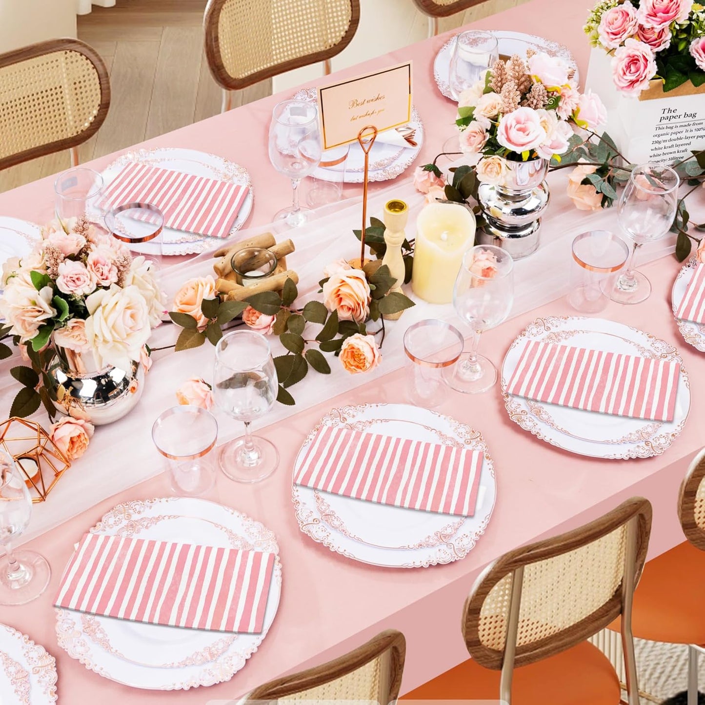 200PCS Pink and White Stripe Guest Napkins, 2 Ply Disposable Paper Pack, Striped Dinner Hand Napkin for Bathroom Powder Room Wedding Holiday Bridal & Baby Shower Decorative Towels, 4.5x8 Inch