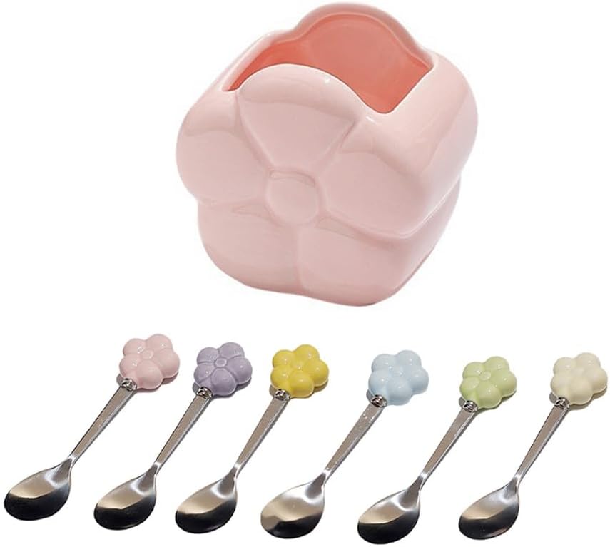 (6 Pieces) Ceramic Storage Jar Stainless Steel Fruit Fork Dessert Spoon Desktop Decoration Set Afternoon Tea Spoon Fork (Pink,Spoon)