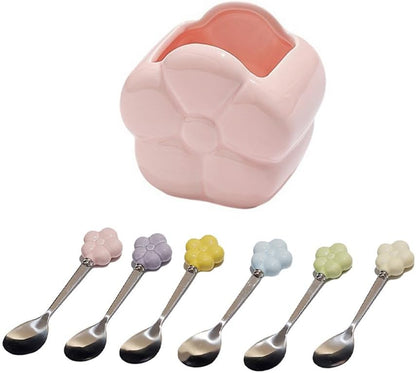 (6 Pieces) Ceramic Storage Jar Stainless Steel Fruit Fork Dessert Spoon Desktop Decoration Set Afternoon Tea Spoon Fork (Pink,Spoon)