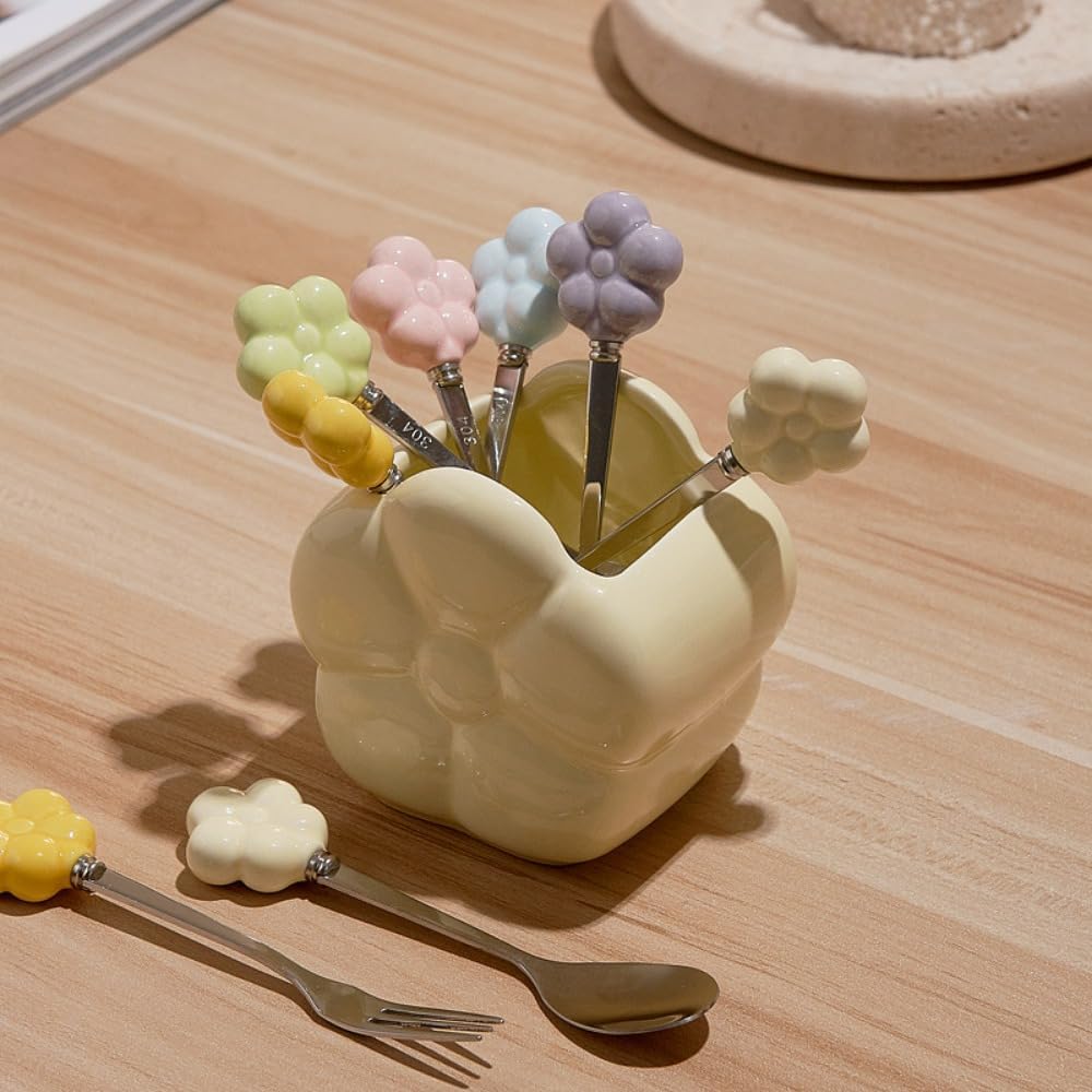 (6 Pieces) Ceramic Storage Jar Stainless Steel Fruit Fork Dessert Spoon Desktop Decoration Set Afternoon Tea Spoon Fork (Pink,Spoon)
