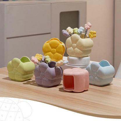 (6 Pieces) Ceramic Storage Jar Stainless Steel Fruit Fork Dessert Spoon Desktop Decoration Set Afternoon Tea Spoon Fork (Pink,Spoon)