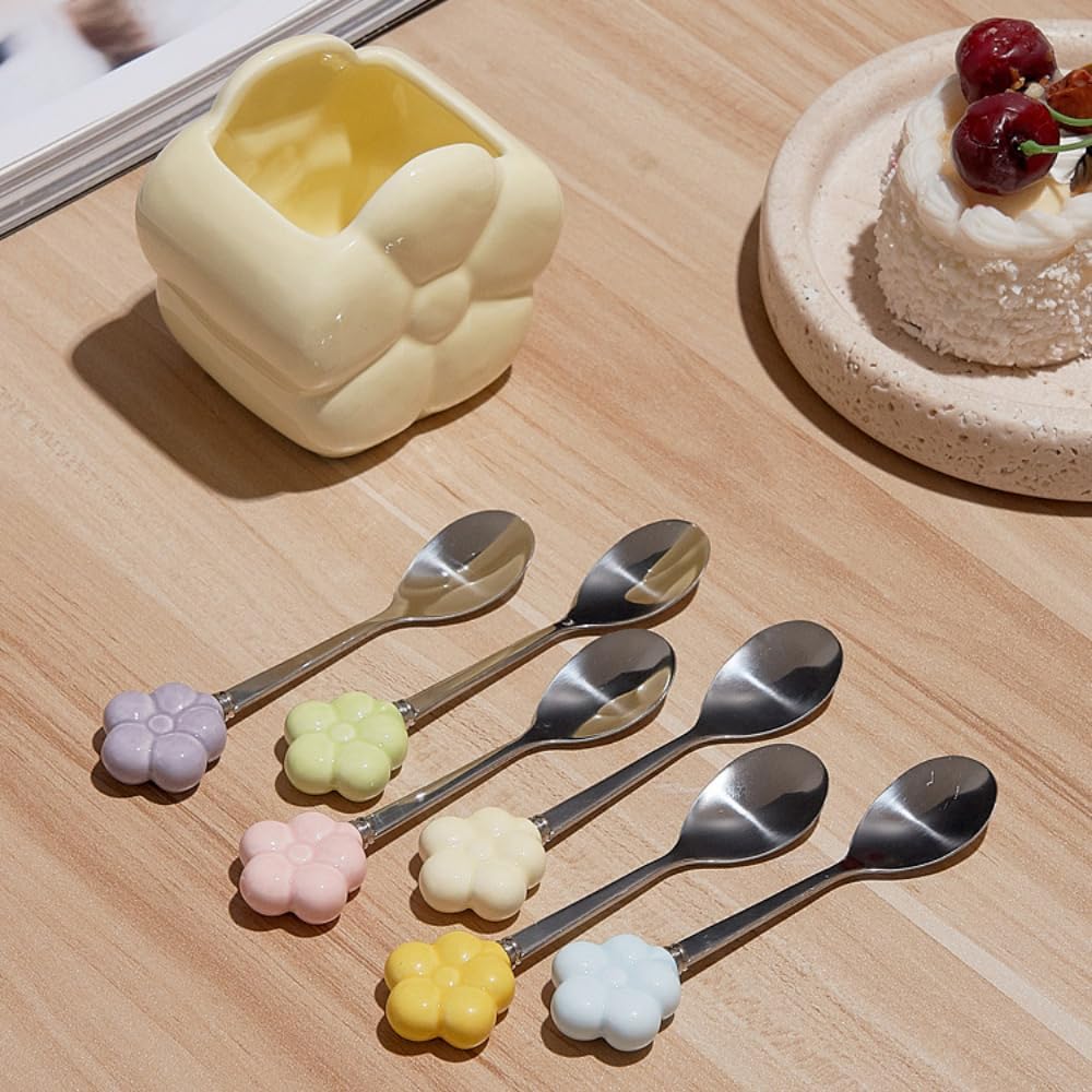 (6 Pieces) Ceramic Storage Jar Stainless Steel Fruit Fork Dessert Spoon Desktop Decoration Set Afternoon Tea Spoon Fork (Pink,Spoon)