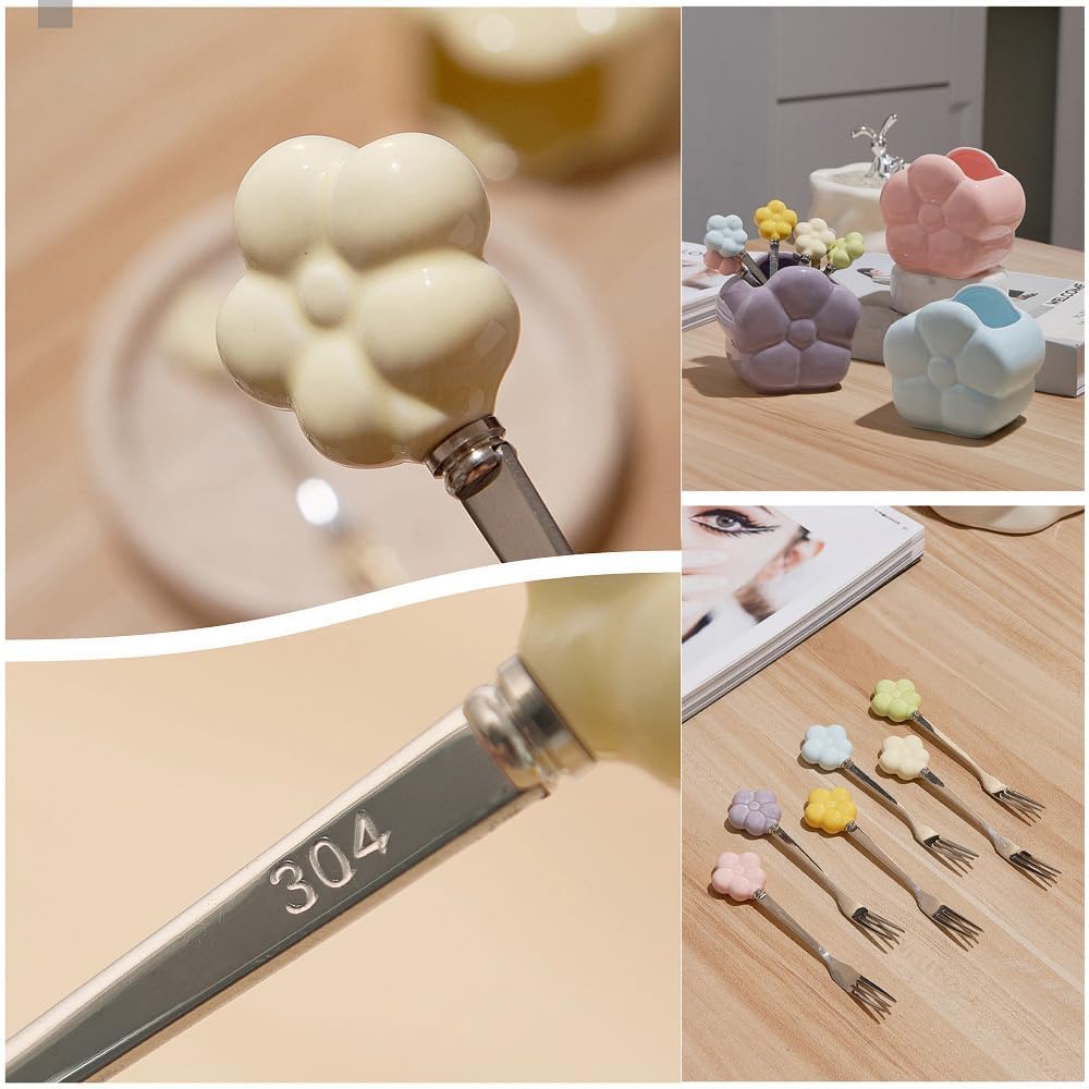 (6 Pieces) Ceramic Storage Jar Stainless Steel Fruit Fork Dessert Spoon Desktop Decoration Set Afternoon Tea Spoon Fork (Pink,Spoon)
