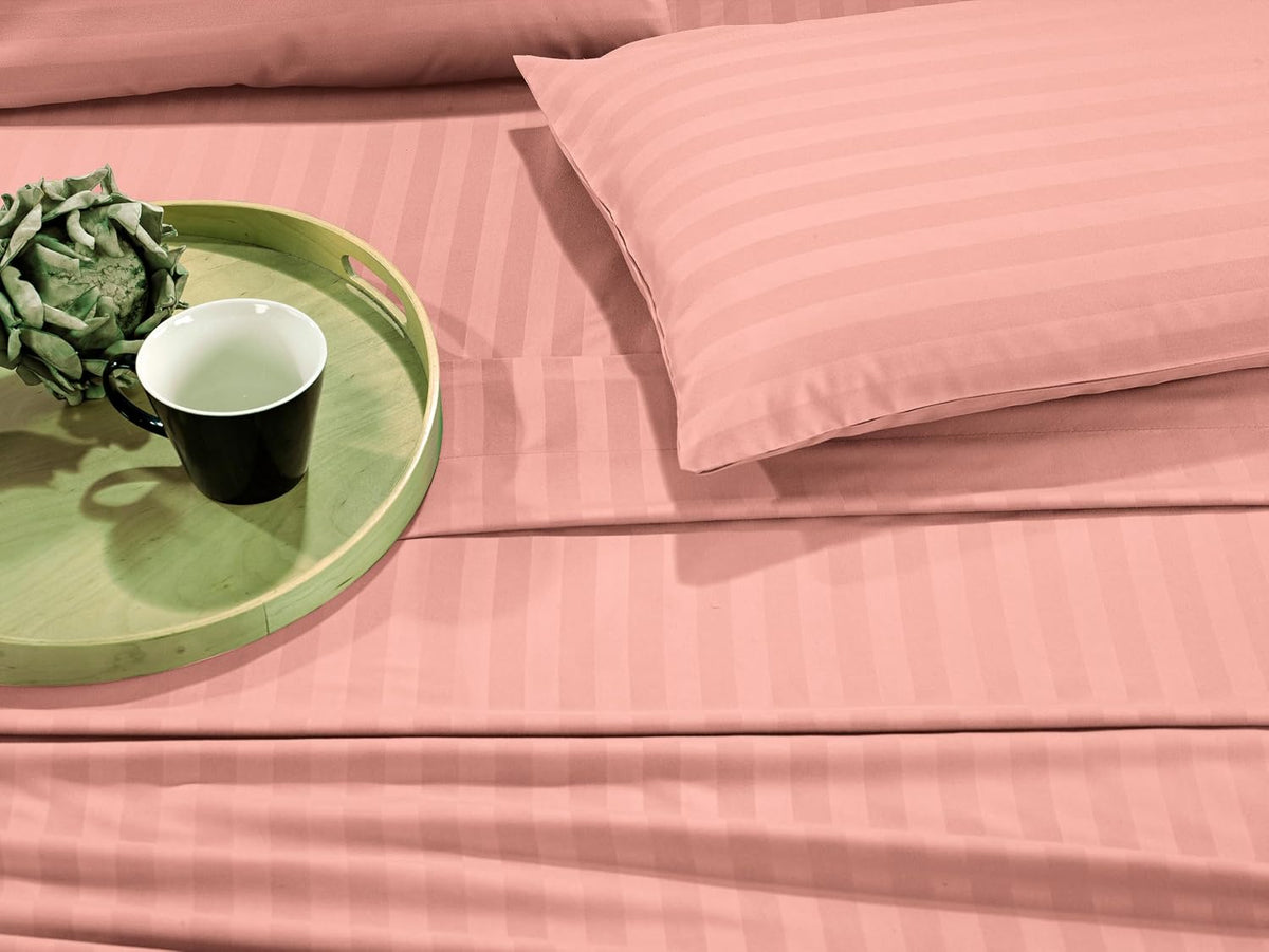 Luxury Soft Bed Sheets Dobby Stripe 1500 Premium Hotel Quality Microfiber Softness Wrinkle and Fade Resistant (6-Piece) Bedding Set, Queen, Stripe Peach Pink