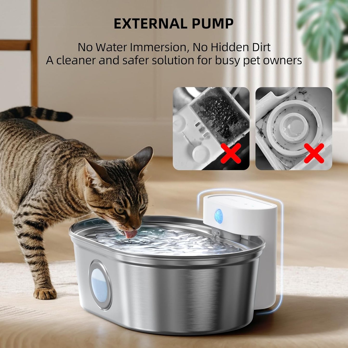 uahpet Wireless Cat Water Fountain Stainless Steel Pro, External Pump Battery Operated Pet Waterer, Dog Drinking Dispenser with Water Level Window, 67oz/2L