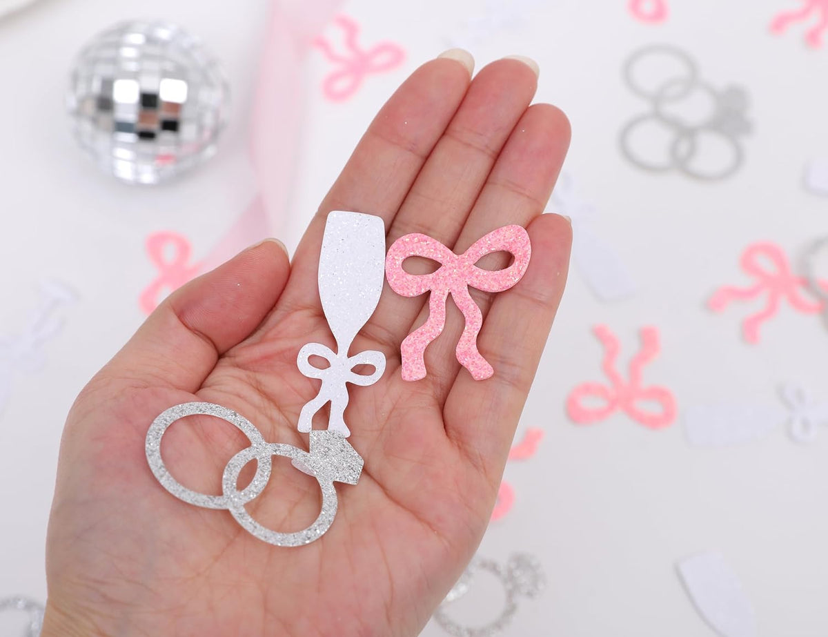 Shes Tying the Knot Bachelorette Confetti - 195PCS Bows, Rings and Champagne Flutes Bridal Shower Confetti, Pink Bow Coquette Bachelorette Decorations
