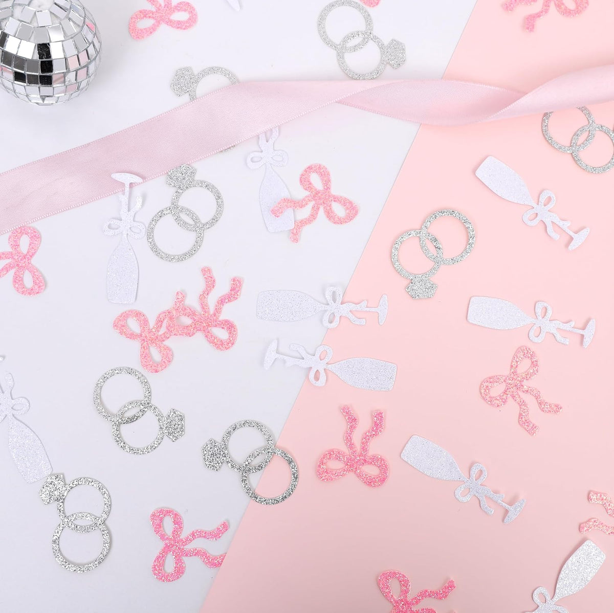 Shes Tying the Knot Bachelorette Confetti - 195PCS Bows, Rings and Champagne Flutes Bridal Shower Confetti, Pink Bow Coquette Bachelorette Decorations
