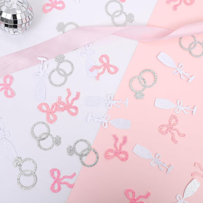 Shes Tying the Knot Bachelorette Confetti - 195PCS Bows, Rings and Champagne Flutes Bridal Shower Confetti, Pink Bow Coquette Bachelorette Decorations