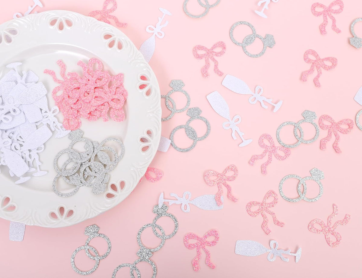 Shes Tying the Knot Bachelorette Confetti - 195PCS Bows, Rings and Champagne Flutes Bridal Shower Confetti, Pink Bow Coquette Bachelorette Decorations