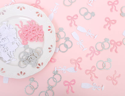 Shes Tying the Knot Bachelorette Confetti - 195PCS Bows, Rings and Champagne Flutes Bridal Shower Confetti, Pink Bow Coquette Bachelorette Decorations