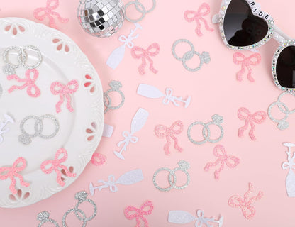 Shes Tying the Knot Bachelorette Confetti - 195PCS Bows, Rings and Champagne Flutes Bridal Shower Confetti, Pink Bow Coquette Bachelorette Decorations
