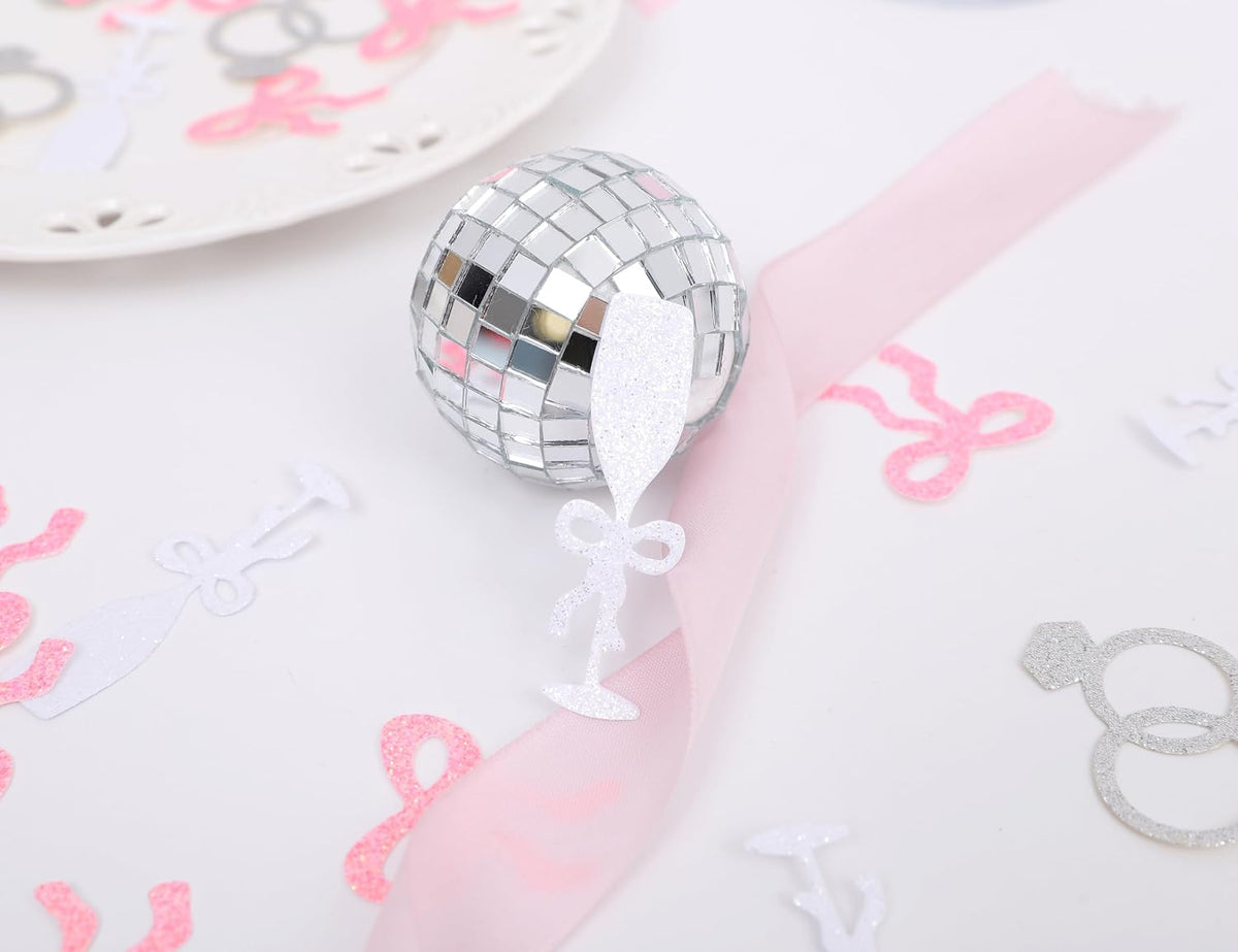 Shes Tying the Knot Bachelorette Confetti - 195PCS Bows, Rings and Champagne Flutes Bridal Shower Confetti, Pink Bow Coquette Bachelorette Decorations