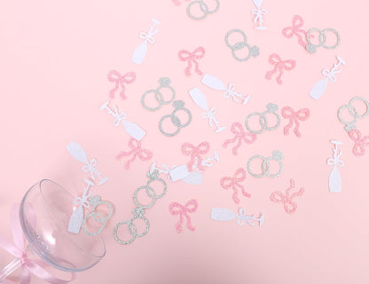 Shes Tying the Knot Bachelorette Confetti - 195PCS Bows, Rings and Champagne Flutes Bridal Shower Confetti, Pink Bow Coquette Bachelorette Decorations