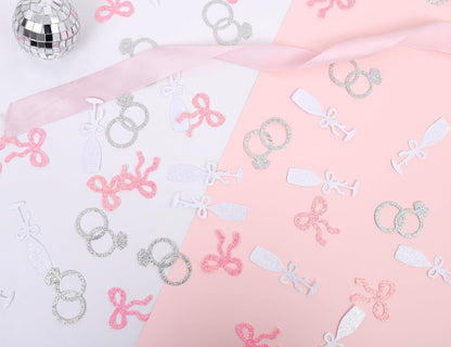 Shes Tying the Knot Bachelorette Confetti - 195PCS Bows, Rings and Champagne Flutes Bridal Shower Confetti, Pink Bow Coquette Bachelorette Decorations