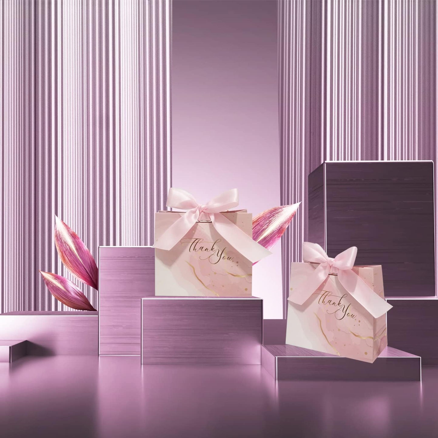 30Pack Small Thank You Gift Bags,Marble Pattern Party Favor Pink Bags with Pink Bow Ribbon,4.5x1.8x3.9Inches,Paper Bags for Birthday Wedding Bridesmaid Holiday Valentines Day (Pink)