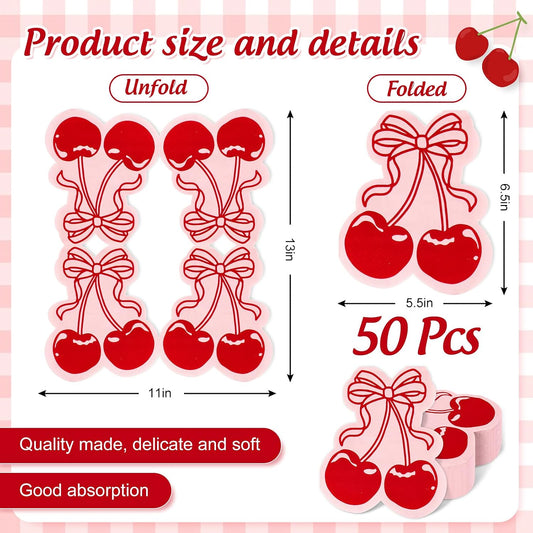 FYSUIMU 50Pcs Bow Cherry Napkins Disposable Napkin Red Pink Coquette Cherry Shaped Luncheon Dinner Paper Napkins for Wedding Birthday Bridal Baby Shower Table Decor