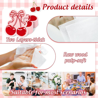 FYSUIMU 50Pcs Bow Cherry Napkins Disposable Napkin Red Pink Coquette Cherry Shaped Luncheon Dinner Paper Napkins for Wedding Birthday Bridal Baby Shower Table Decor