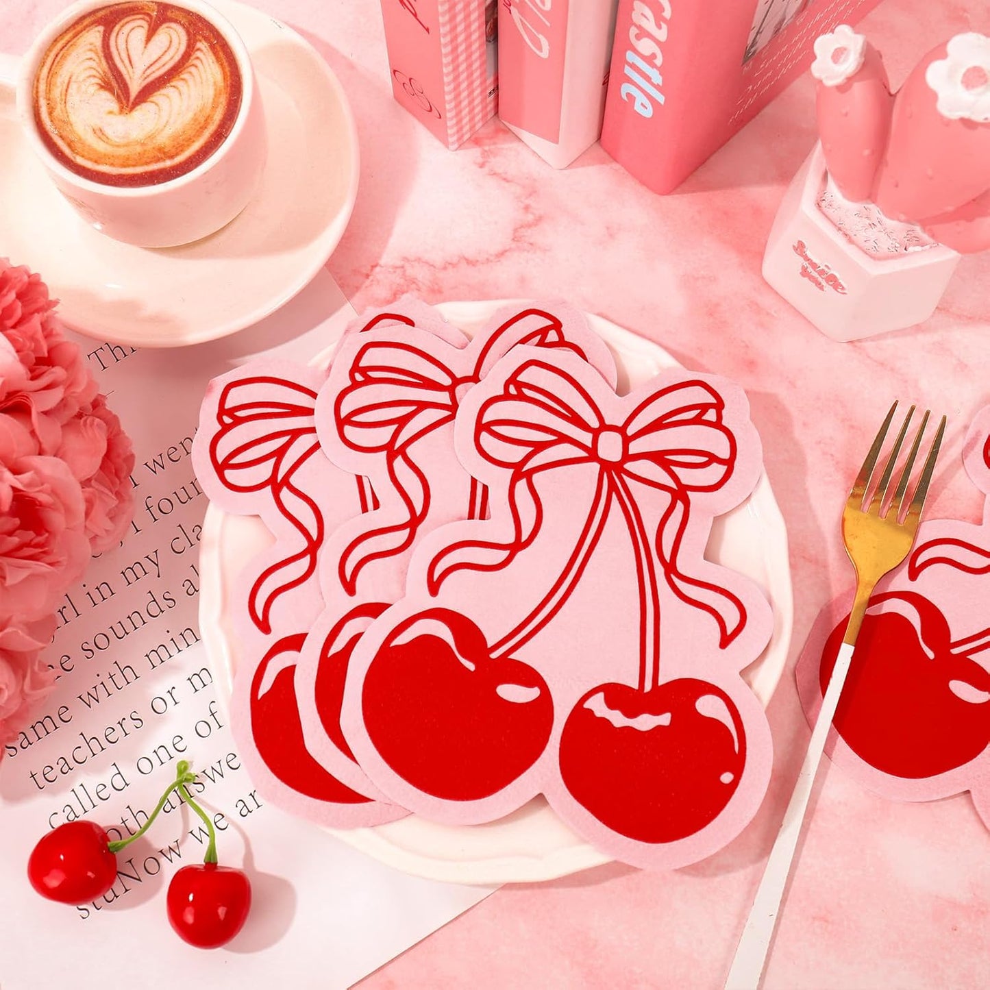 FYSUIMU 50Pcs Bow Cherry Napkins Disposable Napkin Red Pink Coquette Cherry Shaped Luncheon Dinner Paper Napkins for Wedding Birthday Bridal Baby Shower Table Decor