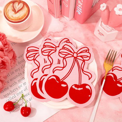 FYSUIMU 50Pcs Bow Cherry Napkins Disposable Napkin Red Pink Coquette Cherry Shaped Luncheon Dinner Paper Napkins for Wedding Birthday Bridal Baby Shower Table Decor
