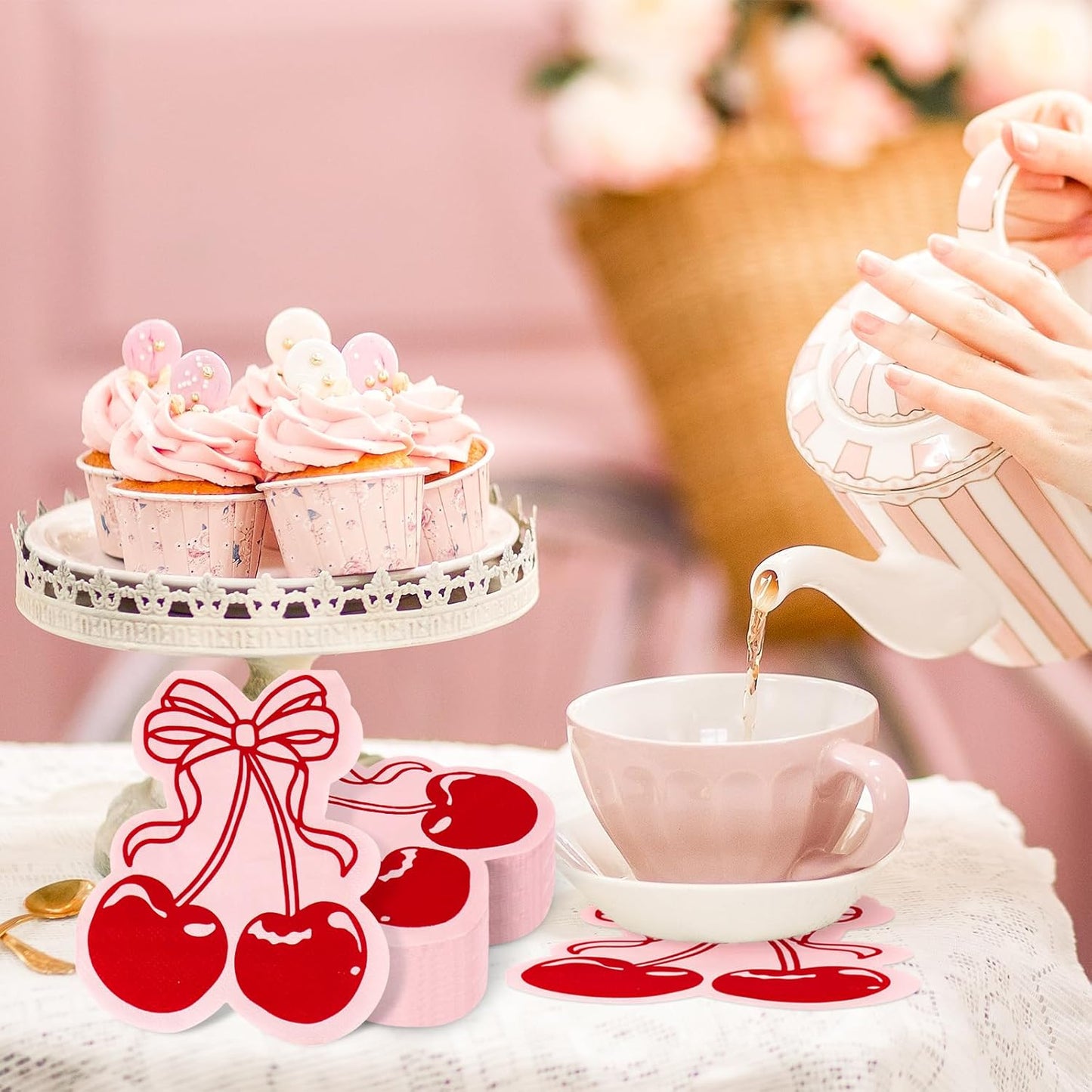 FYSUIMU 50Pcs Bow Cherry Napkins Disposable Napkin Red Pink Coquette Cherry Shaped Luncheon Dinner Paper Napkins for Wedding Birthday Bridal Baby Shower Table Decor