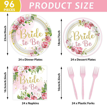 96Pcs Bridal Shower Party Decorations Floral Bride to Be Paper Plates Napkins Flower Pink Gold Wedding Tableware Set Supplies Disposable for Women Engagement Bachelorette Party Favors Serves 24