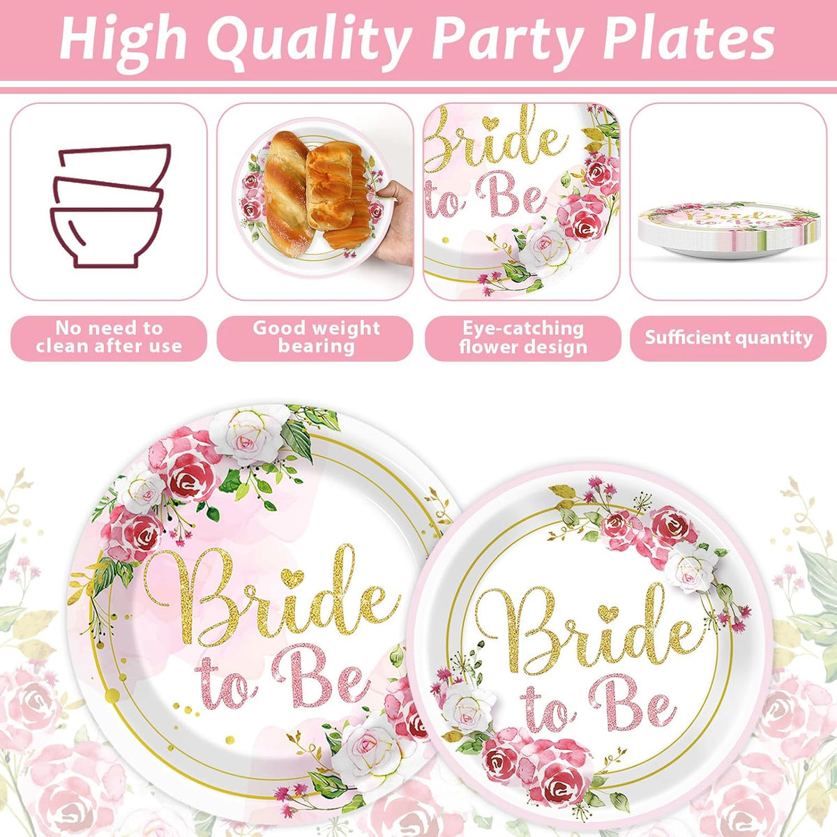 96Pcs Bridal Shower Party Decorations Floral Bride to Be Paper Plates Napkins Flower Pink Gold Wedding Tableware Set Supplies Disposable for Women Engagement Bachelorette Party Favors Serves 24