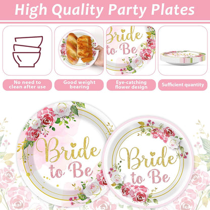 96Pcs Bridal Shower Party Decorations Floral Bride to Be Paper Plates Napkins Flower Pink Gold Wedding Tableware Set Supplies Disposable for Women Engagement Bachelorette Party Favors Serves 24