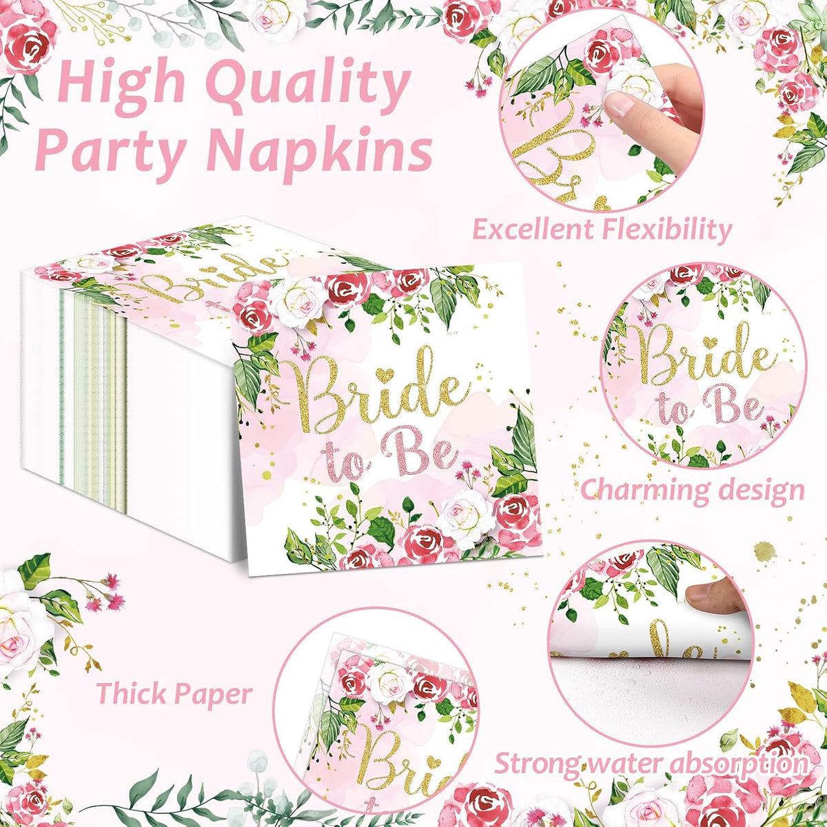 96Pcs Bridal Shower Party Decorations Floral Bride to Be Paper Plates Napkins Flower Pink Gold Wedding Tableware Set Supplies Disposable for Women Engagement Bachelorette Party Favors Serves 24