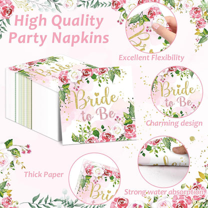 96Pcs Bridal Shower Party Decorations Floral Bride to Be Paper Plates Napkins Flower Pink Gold Wedding Tableware Set Supplies Disposable for Women Engagement Bachelorette Party Favors Serves 24