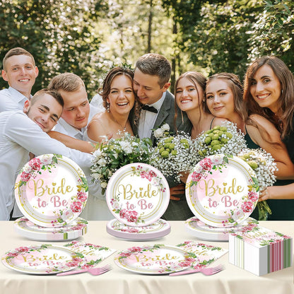 96Pcs Bridal Shower Party Decorations Floral Bride to Be Paper Plates Napkins Flower Pink Gold Wedding Tableware Set Supplies Disposable for Women Engagement Bachelorette Party Favors Serves 24