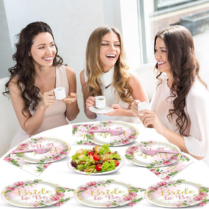 96Pcs Bridal Shower Party Decorations Floral Bride to Be Paper Plates Napkins Flower Pink Gold Wedding Tableware Set Supplies Disposable for Women Engagement Bachelorette Party Favors Serves 24