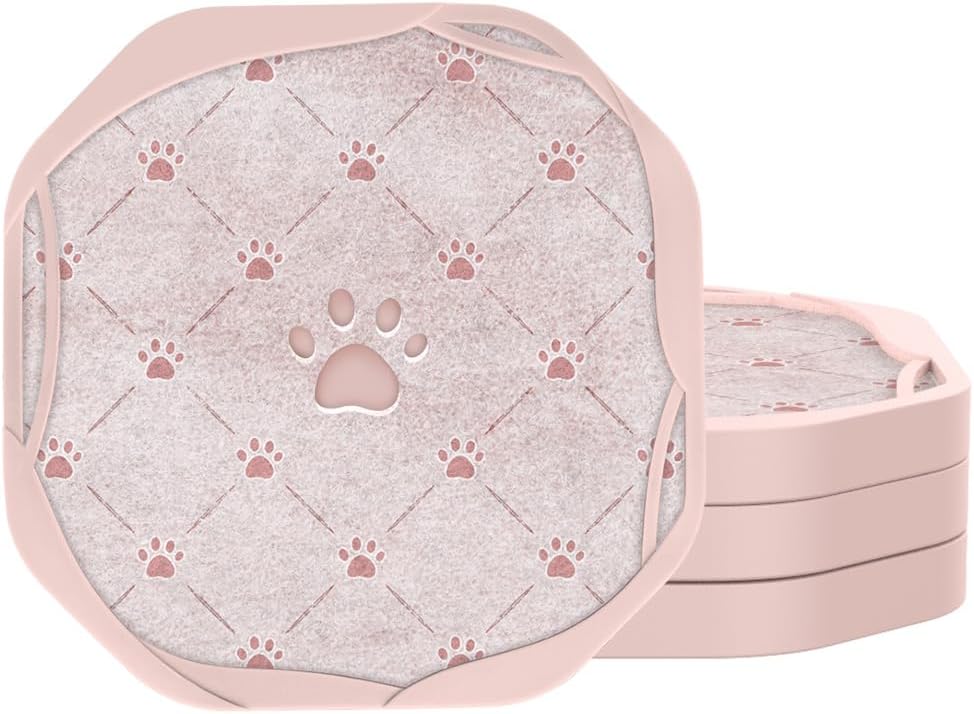 Absorbent Felt & Silicone Drink Coasters Set of 4, Pink Paw Print