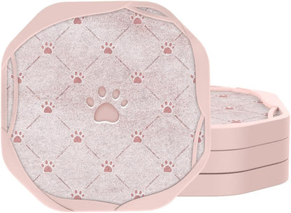 Absorbent Felt & Silicone Drink Coasters Set of 4, Pink Paw Print