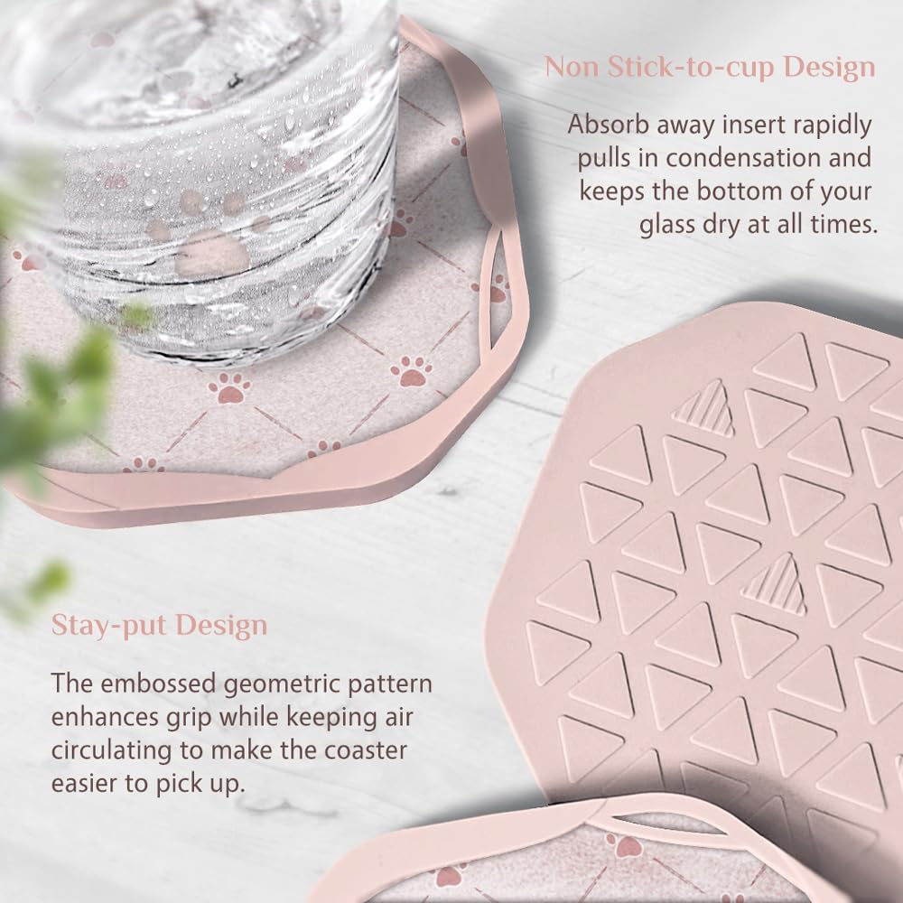 Absorbent Felt & Silicone Drink Coasters Set of 4, Pink Paw Print