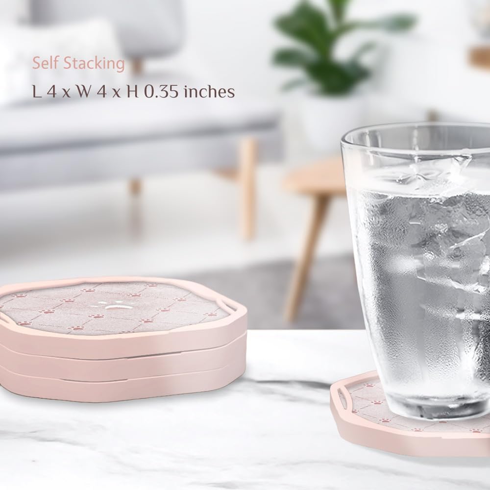 Absorbent Felt & Silicone Drink Coasters Set of 4, Pink Paw Print